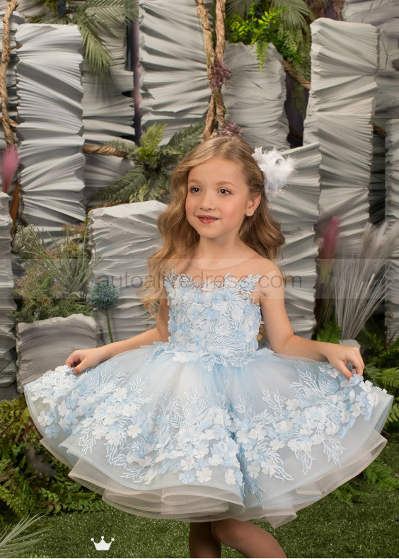 Sky Blue Lace Tulle Knee Length Flower Girl Dress